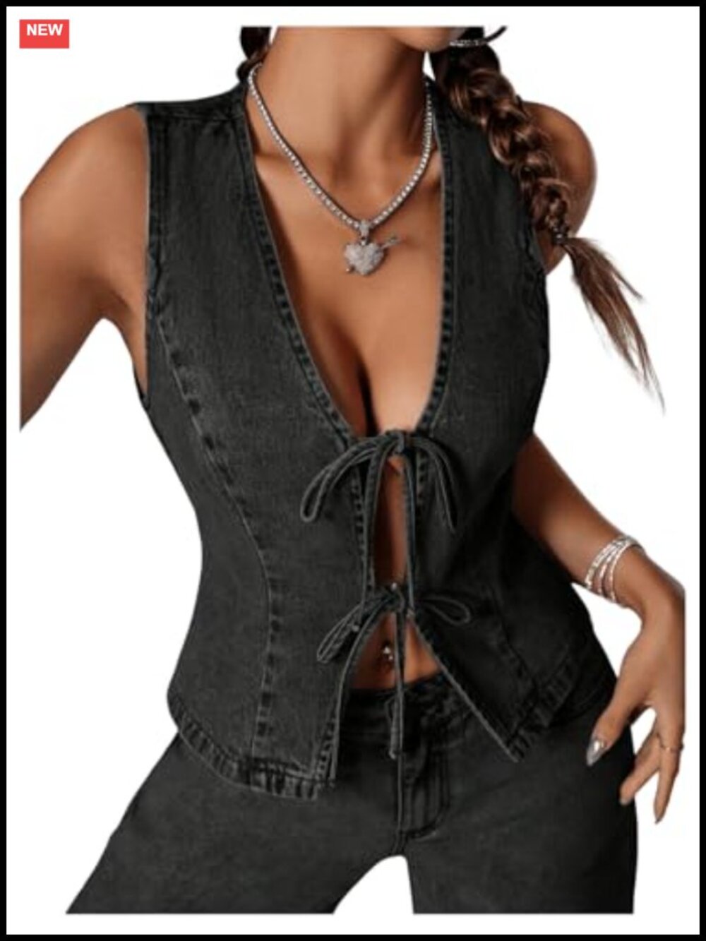 Sleeveless Tie Front Denim Vest Jean Jacket for Women